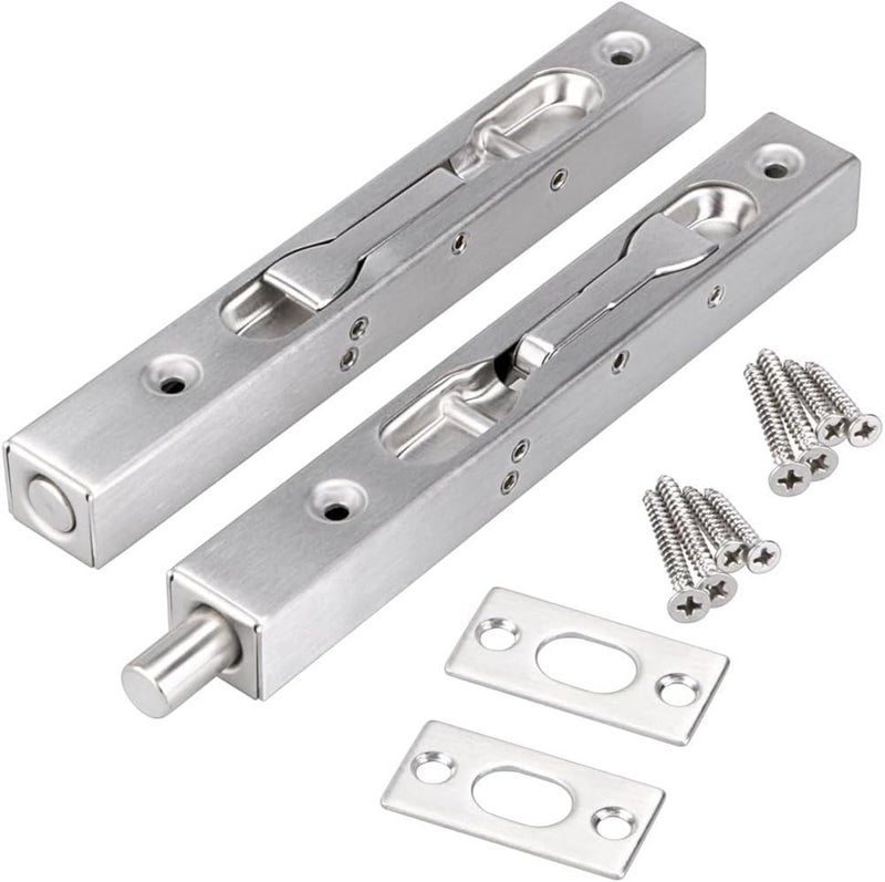 6 Inch Door Bolts, Stainless Steel Concealed Security French Door Locks with Hardwares, Metal Flush Latch Bolts for Composite Wood Double Dummy Door, 2 Pcs (Silver) - Image 1